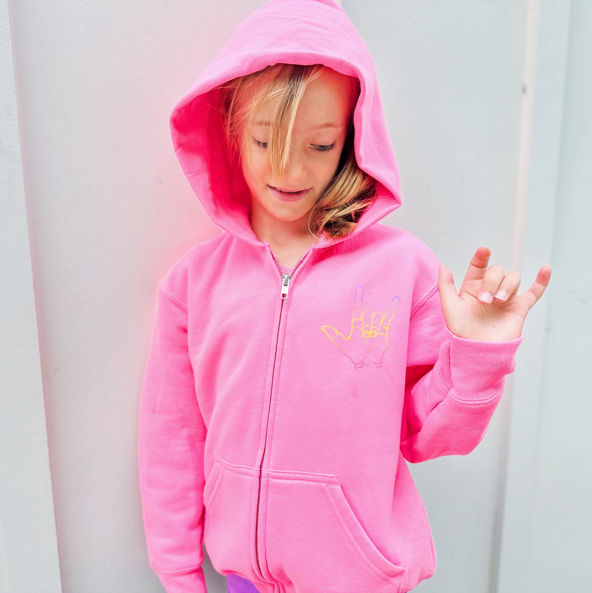 NEON PINK ILY LOVE AMERICAN SIGN LANGUAGE ZIP HOODIE