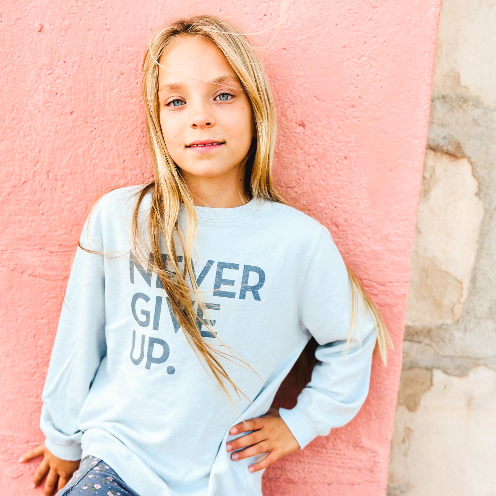 NEVER GIVE UP. GLACIER GRAY PULLOVER