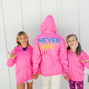 NEON PINK ILY LOVE AMERICAN SIGN LANGUAGE ZIP HOODIE - NEVER GIVE