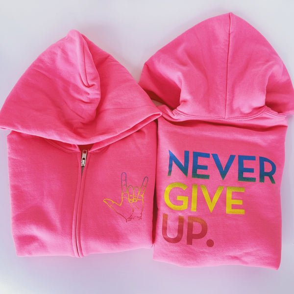 NEON PINK ILY LOVE AMERICAN SIGN LANGUAGE ZIP HOODIE - NEVER GIVE