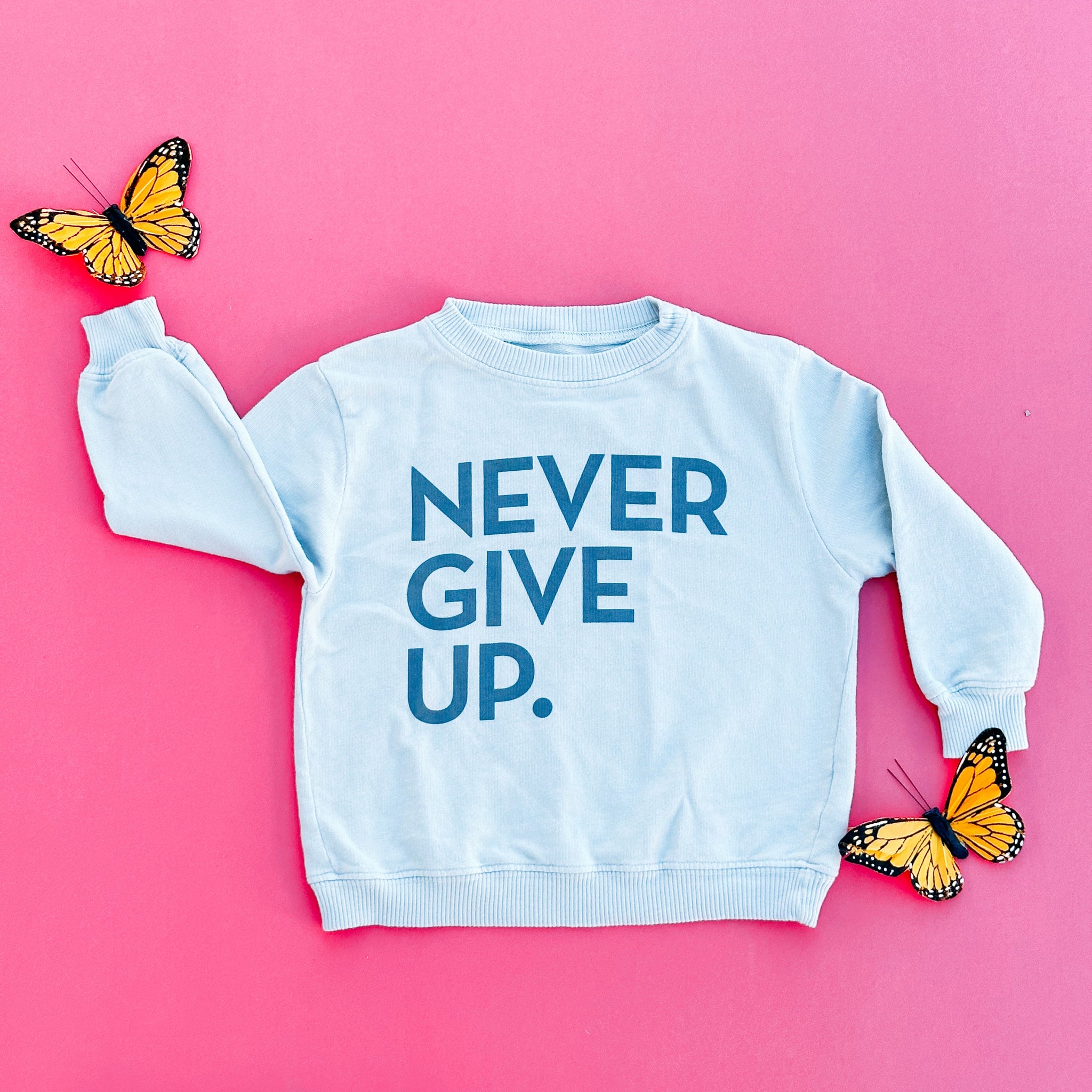 NEVER GIVE UP. GLACIER GRAY PULLOVER